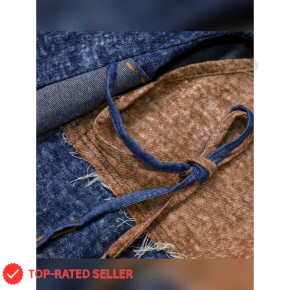 Denim Cardigan Jacket Long Sleeve Tie Waist Patchwork Design Casual Chic - Picture 7 of 7